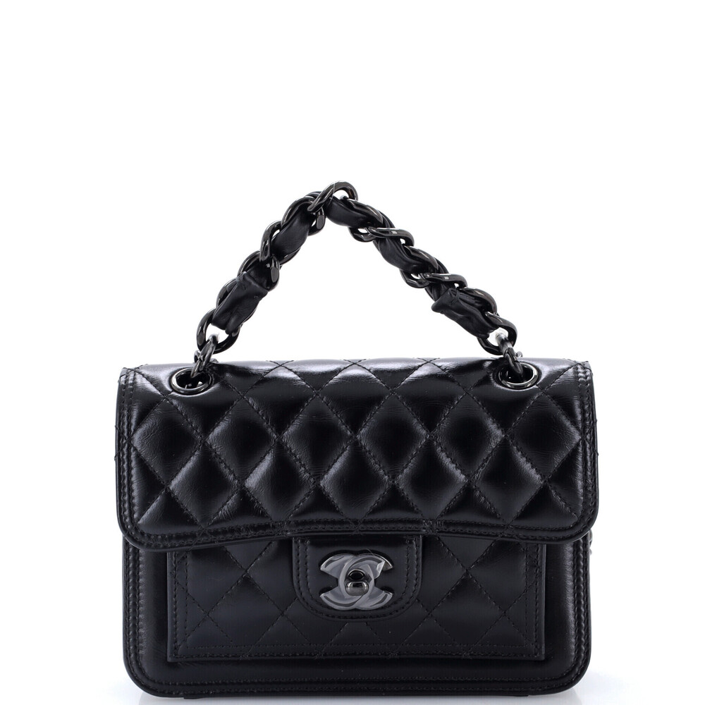 Chanel Mini So Black Double You CC Flap Bag Quilted Shiny Crumpled Calfskin